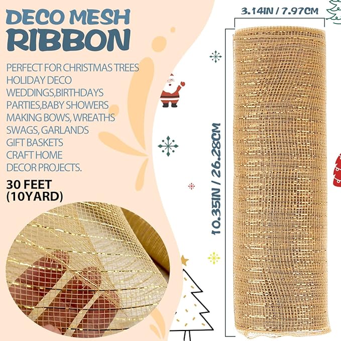 Anivia Deco Mesh Ribbon, 10inch x 30 Feet Each Roll Metallic Foil Mesh Ribbon for Wreaths Swags, Holloween, and Christmas Tree Decoration (Natural)