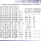 Quilting Ruler, Sewing Ruler, 8 Pack, Acrylic Quilting Templates(6"x17", 3"x17", 2"x16", 1.5"x12", 1"x12", 1"x6", 8"x3"), Non Slip Rings 25 Pieces, Sewing and Quilting Supplies - Clear/Purple