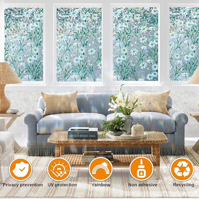 Window Privacy Film Stain Glass Window Film Rainbow Window Film Window clings Non-Adhesive Reusable Decorative for Room (Daisy Rainbow, 17.5 x 157.4 in)