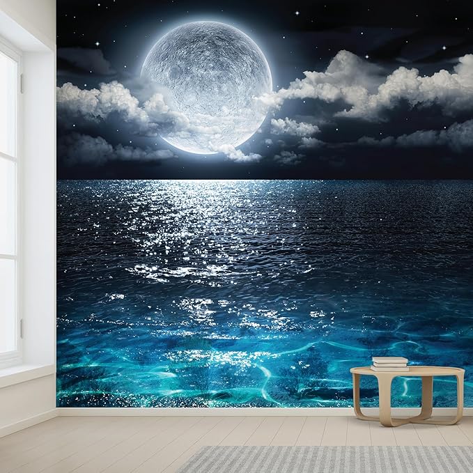 wall26 Wall Sticker/Wall Mural Sea Under Moonlight, Not Peel and Stick, Non-Woven Wallpaper Decorative for Bedroom, Living Room, Office - 120x120 inches
