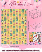 Pineraap 12 Sheets Nail Art Wrapping Paper, Manicure Gift Wrap Paper with Nails Polish Bottles & Salon Scenes, Folded Flat Paper for Nail Art Lovers Birthday DIY Crafts, 19.7 x 27.6 Inch
