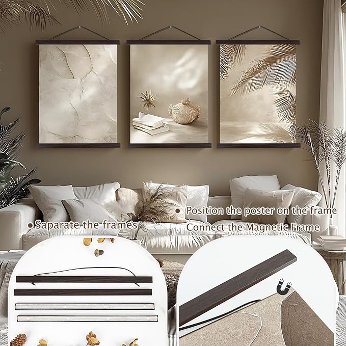 Artmag Magnetic Poster Hanger Frame, Light Wood Wooden Magnet Canvas Artwork Print Poster Hangers for 15x36 15x30 15x21 Frames Hanging Kit (Walnut, 15")