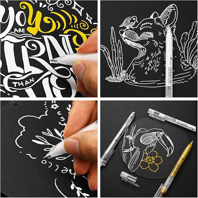 Gold Silver White Gel Pens, 1mm Fine Point Gel Ink Pen Opaque Archival Ink Pens for Black Paper Drawing, Sketching, Illustration, Card Making, Bullet Journaling, 6 Pack