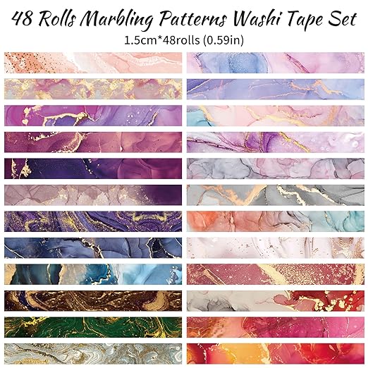 48 Rolls Washi Tape Set - Decorative Masking Tape Colored Marbling Patterns, Adhesive Artists Tapes for Journaling Supplies, DIY Crafts, Scrapbooking, Junk Journal Supplies, School Supplies