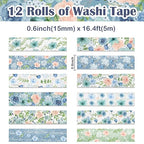 12 Rolls Floral Washi Tape, Blue Rose Flower Masking Tape, Vintage Blue Pink Floral Decorative Tapes for DIY Craft Scrapbook Journals Envelope Thanksgiving Christmas Party Decor Gift Wrapping 16.4FT