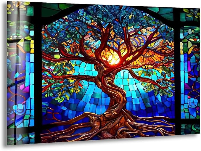 My Photostation.com 48Wx32H'' Stained Blue Life of Tree Glass Wall ArtTempered Glass Printing Wall Decor Large Wall Art Wall Hangings