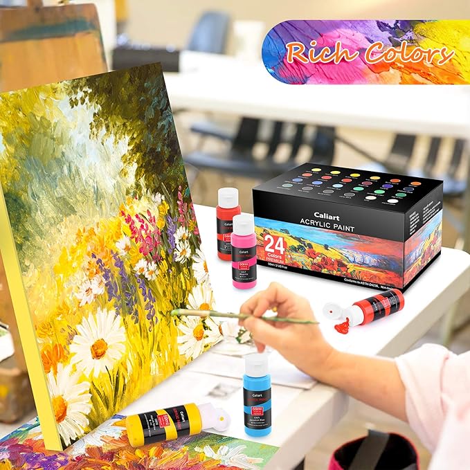 Caliart 24 Colors Acrylic Paint Set with 12 Brushes, Art Craft Paints Gifts Trendy Stuff for Adults Artists, Halloween Pumpkin Canvas Ceramic Rock Eggs Painting Kit Art Supplies