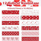 12 Rolls Love Heart Washi Tape Set, Red Stripe Checked Masking Tapes, Red Heart Decorative Tape for Journaling Supplies, Wedding Party, Junk Journal, Scrapbooking, Planner, DIY Arts Crafts 16.4FT
