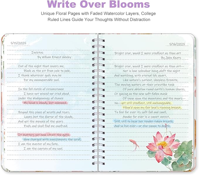 SIIXU Unique Floral Spiral Notebook - A5 Hardcover 160 Pages with Beautiful Art Pages, College Ruled for Memo Writing, Daily Poetry Journal, Junk Journal & School Supplies, Purple
