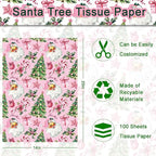 100 Sheets Pink Santa Tissue Paper, Santa Claus Xmas Tree Berries Bell Patterns Decorative Art Paper for Winter Home Party DIY Crafts Christmas Party Supplies, 13.8 x 19.7 Inch