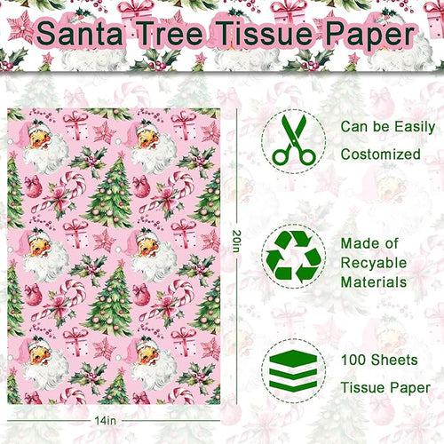 100 Sheets Pink Santa Tissue Paper, Santa Claus Xmas Tree Berries Bell Patterns Decorative Art Paper for Winter Home Party DIY Crafts Christmas Party Supplies, 13.8 x 19.7 Inch
