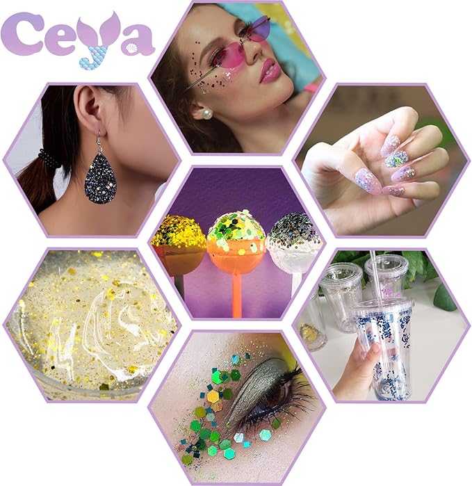 Ceya Holographic Chunky Glitter, 4.9oz/ 140g Cyan Gold Craft Glitter Powder Mixed Fine Flakes Iridescent Nail Sequins for Nail Art, Hair, Epoxy Resin, Tumblers, Slime, Painting, Festival Decor