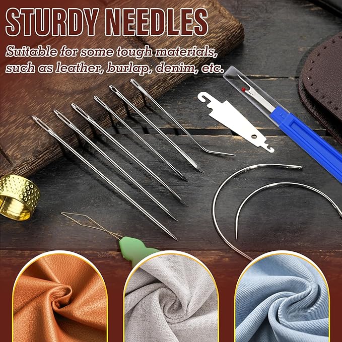 Upholstery Repair Kit, 0.55mm 98 Yard (3 Colors) Waxed Thread with 8 Pcs Heavy Duty Leather Needles for Hand Stitching, Canvas & Quilting - Round Waxed Thread- Black/Gray/Brown