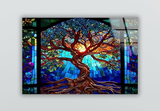 My Photostation.com Round 31,5'' Stained Blue Life of Tree Glass Wall ArtTempered Glass Printing Wall Decor Large Wall Art Wall Hangings