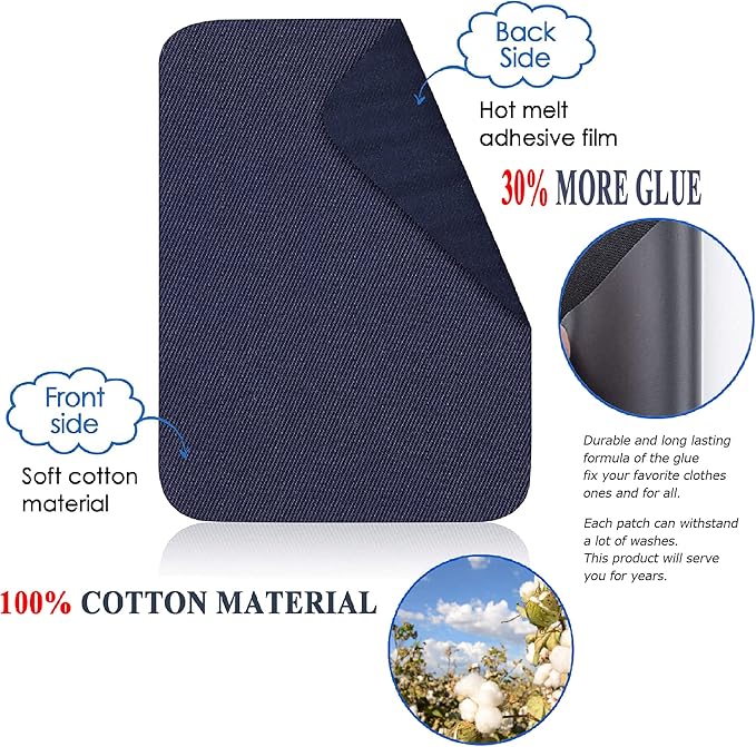 12PCS Fabric Iron on Patches Inside & Outside Strong Glue 100% Cotton Repair Patch for Clothes Pants Mending and Decorating, Navy Blue