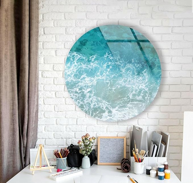 My Photostation.com 15.8''(40cm) Diameter Sea Waves Round Glass Wall Art Tempered Glass Printing Wall Decor Large Wall Art Wall Hangings