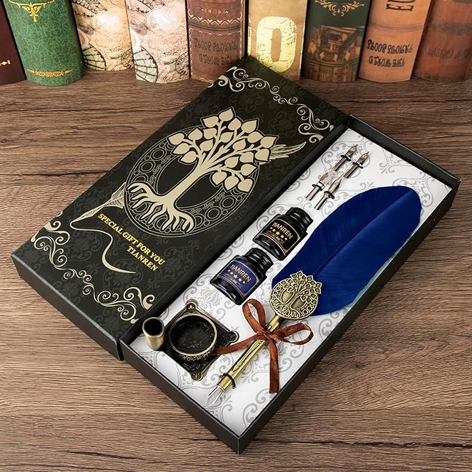 Quill pen ink set,Feather Pen and Ink Set,Antique Calligraphy Pen with 4 Replaceable Nibs,2 Bottle of ink,Feather Dip Pen Holder Christmas Gift for Men&Women.(Blue)