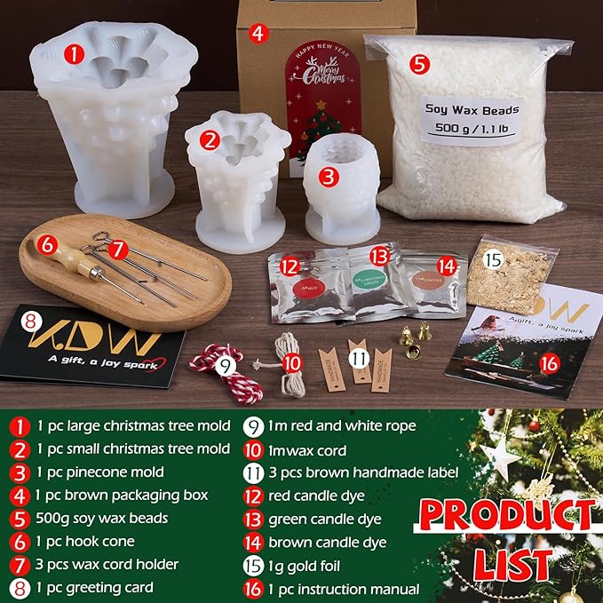 KDW Soy Wax Beads for Candle Making Christmas Tree Silicone Mold Large+Small 3D Candle Molds and Pine Cone Silicone Mould Accessories Set Christmas Gift for Friends and Family