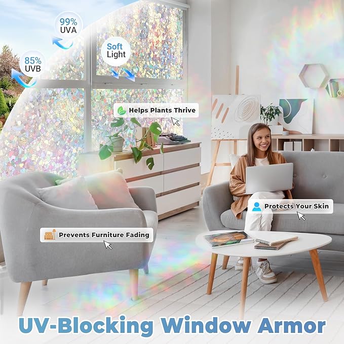 DOWELL Window Privacy Film Rainbow Film, Stained Glass Decorative Sticker, Static Cling Non-Adhesive Glass Clings, Sun Blocking Heat Control Window Coverings for Home Door, 35.4" x 157.4"