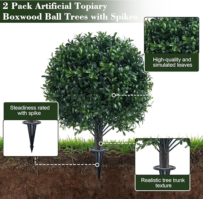 Artificial Boxwood Topiary Ball Bush for Outdoor with Spike, UV Resistant Faux Boxwood Ball Tree with Stake for Outside Set of 2, Weatherproof Round Fake Shrubs for Entryway Front Porch