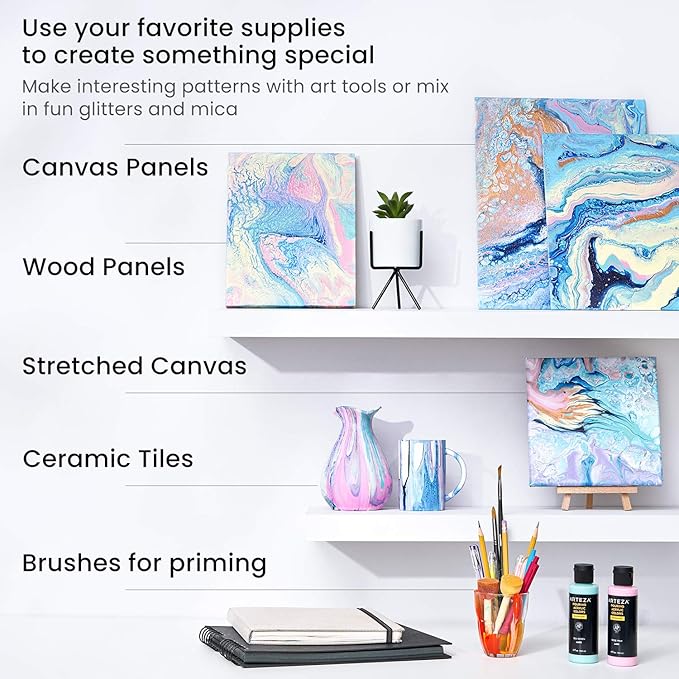 ARTEZA Acrylic Pouring Paint Set, 8 Pastel Colors, 4 oz Bottles, High-Flow Paint, No Mixing Needed, Art Supplies for Canvas, Glass, Paper, Wood, Tile, and Stones