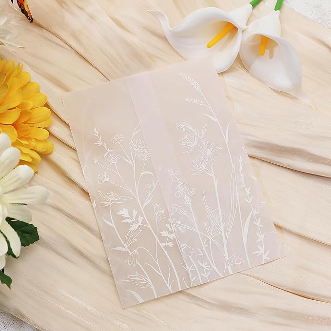 SWANGSA 50 Pack Vellum Jackets for 5x7 Invitations, Elegant White Wildflower Vellum Paper, 115GSM Translucent Invitation Sleeve Wraps for Wedding Bridal Baby Shower Birthday Envelopes