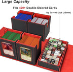AFIING Commander Deck Box for MTG/EDH, Trading Card Storage Fits 400+ Double-Sleeved Cards, Display Window, 4 Removable Deck Cases, 8 Dividers, Dice Tray & Handle, 4 Toploader Holders (Black Red)