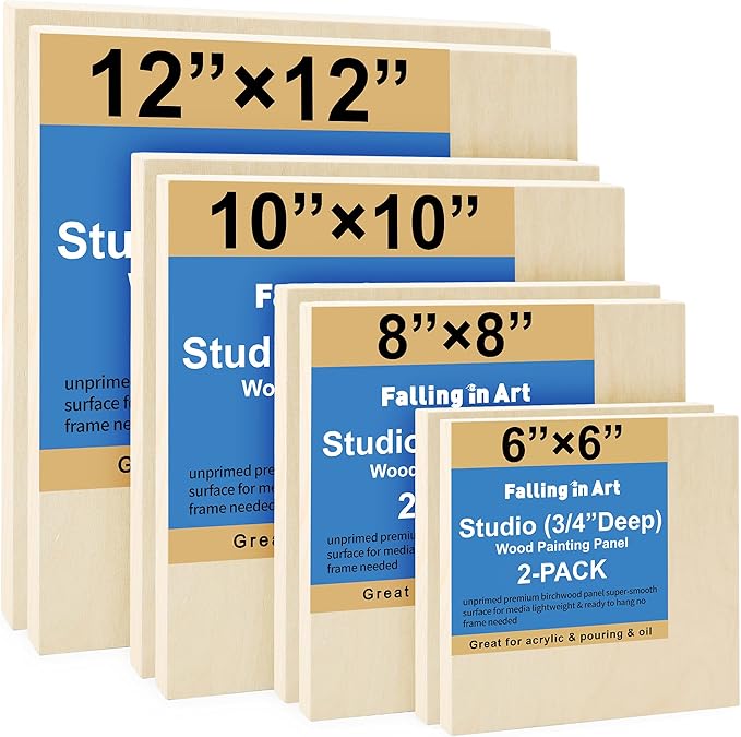 Falling in Art Unfinished Birch Wood Canvas Panels Kit, 8 Pack of 4 Sizes Studio 3/4’’ Deep Cradle Boards for Pouring Art, Crafts, Painting, and More