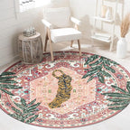 Washable Pink Rugs Thin Oriental Boho Vintage Cute Tropical Leopard 5ft Round Area Rugs for Bedroom Kitchen Dining Living Room Office Indoor Entryway Distressed Nursery Circle Carpet