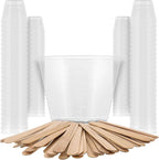 Pouring Masters 2 Oz (60 ml) Liquid Measuring Cups - Plastic Graduated Cup (100 Pack) with 25 Sticks - Reusable Mixing Cups for Paint, Craft, Kitchen, Lab, Medical Supplies, Epoxy Resin, Art