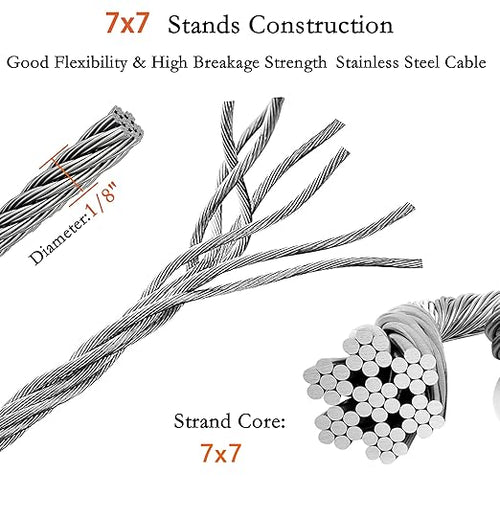 1/8 Inch Stainless Steel Wire Rope Kit, 7x7 Strands, 165 ft Length, With Cable Cutters, Sleeves, Thimbles, Clips, For Climbing Plants, Deck Railing, Fencing, Outdoor Hanging