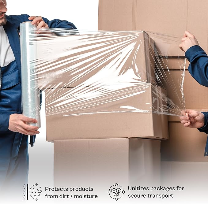 PSBM Stretch Wrap, 4 Pack, 15 Inch x 1500 Feet, 65 Gauge, Clear Plastic Cling, Cast Hand Stretch Film Rolls for Packaging Moving Packing Pallets