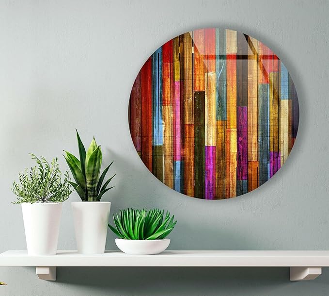 My Photostation.com 24''(60cm) Diameter Colorful Wood Pattern Round Glass Wall Art Tempered Glass Printing Wall Decor Large Wall Art Wall Hangings