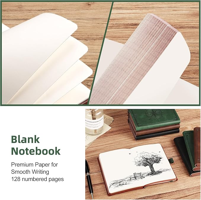 AHGXG Small Blank Pocket Journal Notebook for Men - 256 Numbered Pages B6 Mini Journal, Vintage Soft Leather Hardcover, 80gsm Paper, for Women Work Office School, 4.1'' X 5.7''- Dark Green