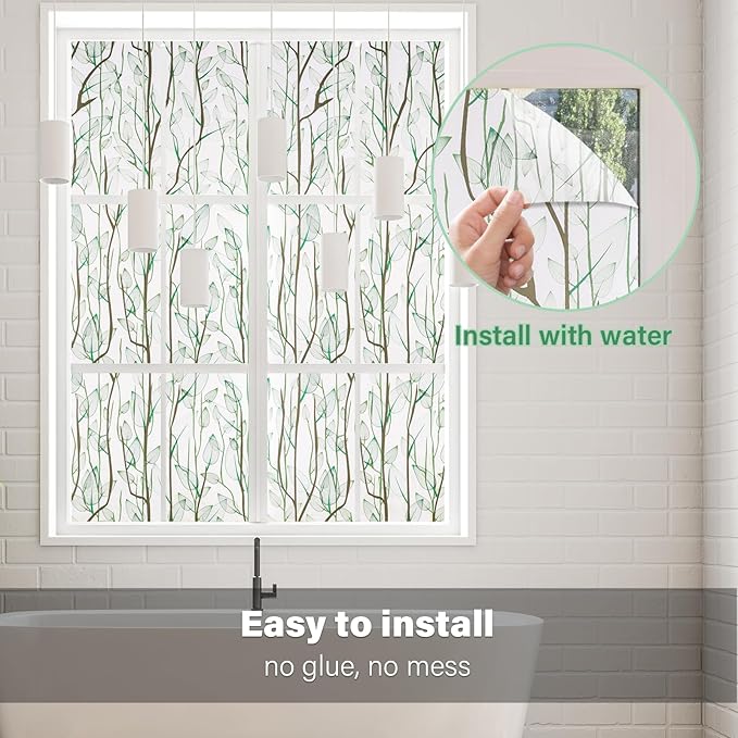 Donox Frosted Glass Window Film Heat Control UV Blocking, Static Cling Reusable Home Bathroom Door Window Privacy Film, Green Leaf Pattern Window Covering with Installation Tool, 35.4 in x 13.1 feet