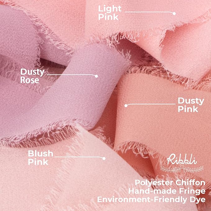 Ribbli Dusty Pink Chiffon Ribbon 1-1/2 inch x 20 Yard Handmade Fringe Chiffon Silk Ribbon for Wedding Invitations, Bridal Bouquets Wrapping, Flower Arrangement Decoration