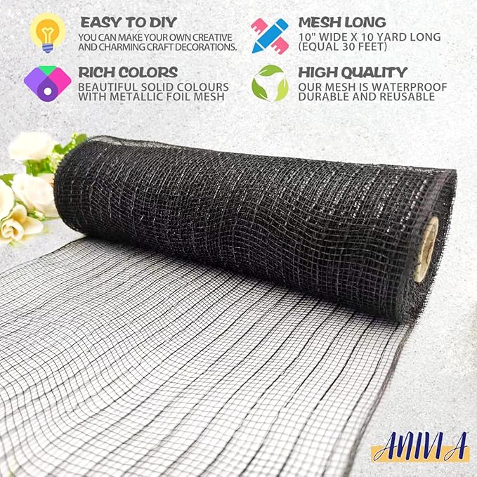 Anivia Deco Mesh Ribbon, 10inch x 30 Feet Each Roll Metallic Foil Mesh Ribbon for Wreaths Swags, Holloween, and Christmas Tree Decoration (Black)