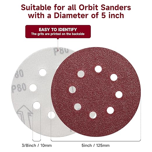 100 PCS 5 Inch Sanding Discs 60 Grit, Round Hook and Loop Sandpaper for Random Orbital Sander