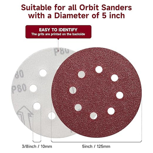 100 PCS 5 Inch Sanding Discs 60 Grit, Round Hook and Loop Sandpaper for Random Orbital Sander