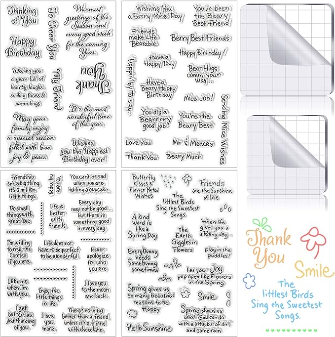 4 Sheets Sentiments Rubber Clear Stamps Set for Card Making and DIY Scrapbooking Journaling 2 Acrylic Stamp Blocks with Grid Lines for Birthday Wedding Wife Husband Anniversary Special Occasion Cards