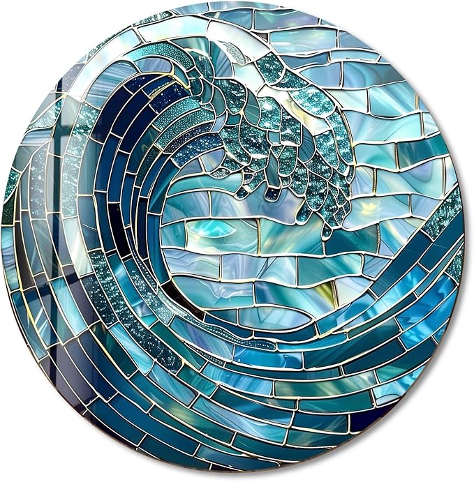My Photostation.com 31.5''(80cm) Diameter Ocean Wave in Blue Mosaic Round Glass Wall Art Tempered Glass Printing Wall Decor Large Wall Art Wall Hangings