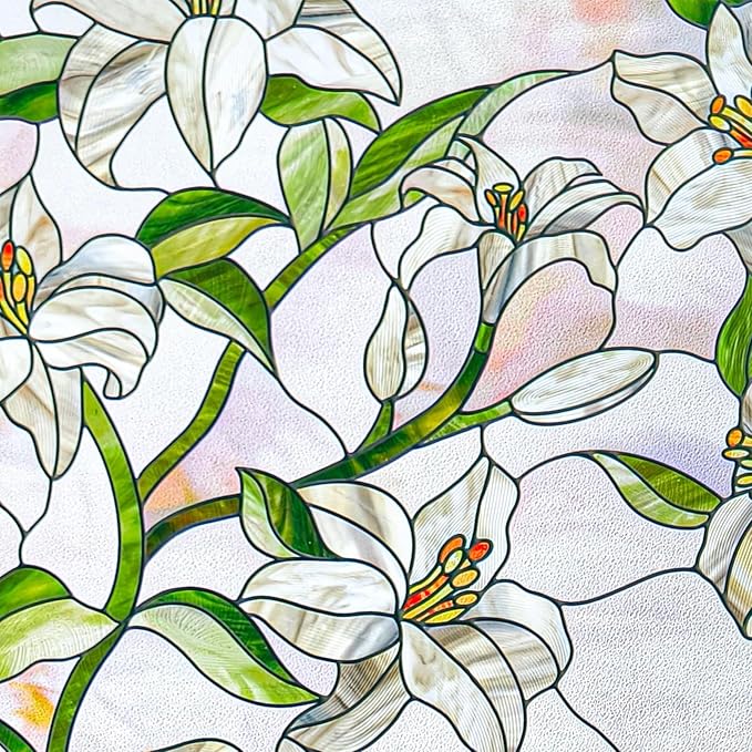 3D Stained Glass Window Film, Decorative Window Privacy Film for Bathroom, Front Door, Home, Sun Blocking Heat Control, Static Cling,White Lily 17.3inch x 47.2inch