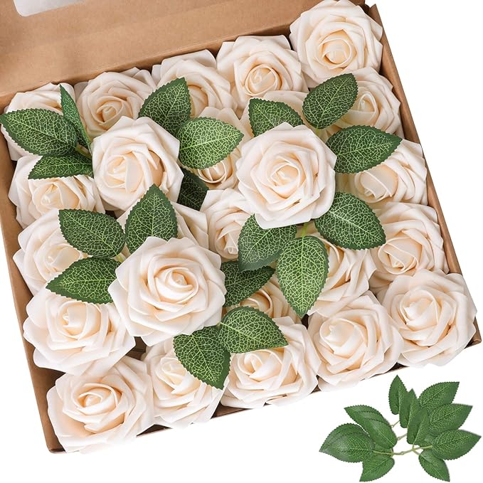 AmyHomie Artificial Flower Champagne Rose 25pcs Real Looking Fake Roses w/Stem for DIY Wedding Bouquets Centerpieces Arrangements Party Baby Shower Home Decorations