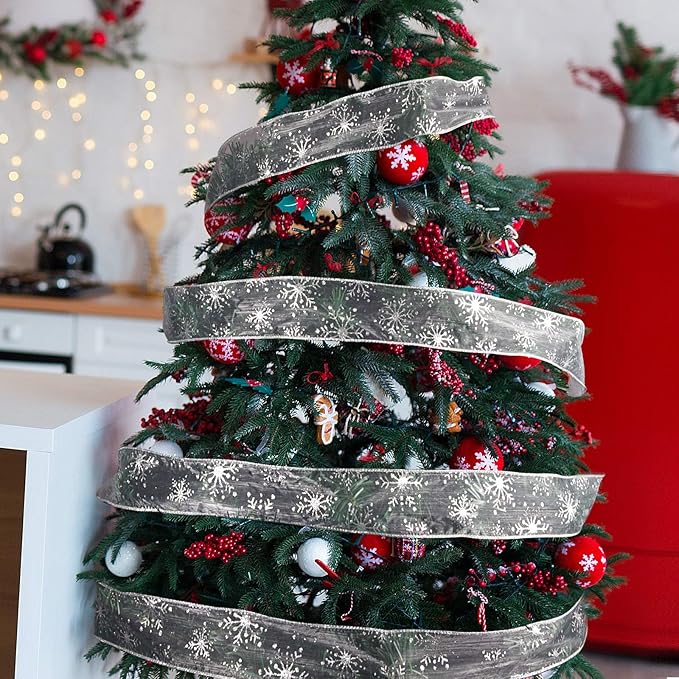 2.5 Inch Wide Christmas Wired Ribbon Snowflake Organza Sheer Glitter Ribbon for Xmas Tree, Wreath, Party Decoration, Gift Wrapping (Silver, 65.7 Foot (Pack of 1))