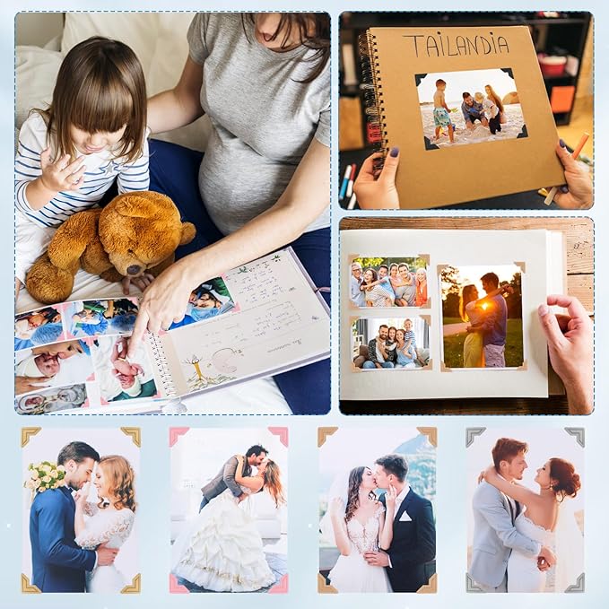 15 Sheets 360 PCS Gold-Black-Cowhide Acid-Free Photo Corners Notebook, Self-Adhesive Photo Corners for DIY Photo Album Journal, Photo Corner Stickers for Trip Journal Memory Book