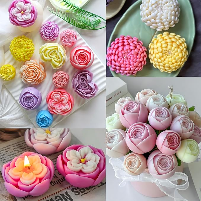 6PCS Flower Silicone Molds Set,3D Rose Flower Silicone Fondant Mold Valentine Day Silicone for Candle Making Molds Cake Mold for Chocolate Candy Pastry Dessert Resin Craft