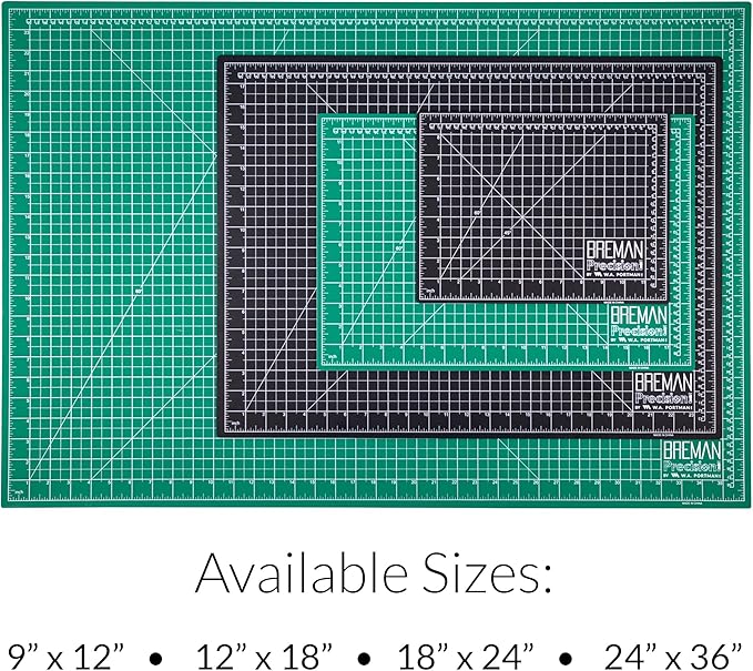 Breman Precision 12x18 & 18x24 Inch Self Healing Cutting Mat - 2 Pack Green/Black Cutting Mats for Crafts, Sewing, Quilting & DIY Projects - 2-Sided 5-Ply PVC - Non-Slip Design with Precise Grid Lines