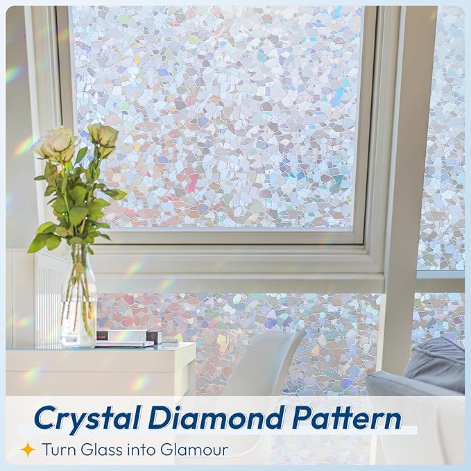 rabbitgoo Rainbow Window Privacy Film Decorative Stained Glass Diamond Pattern Window Sticker with Iridescent Tint Non-Adhesive Static Cling for Home Office Crystal Pattern, 35.4 x 118.1 inch