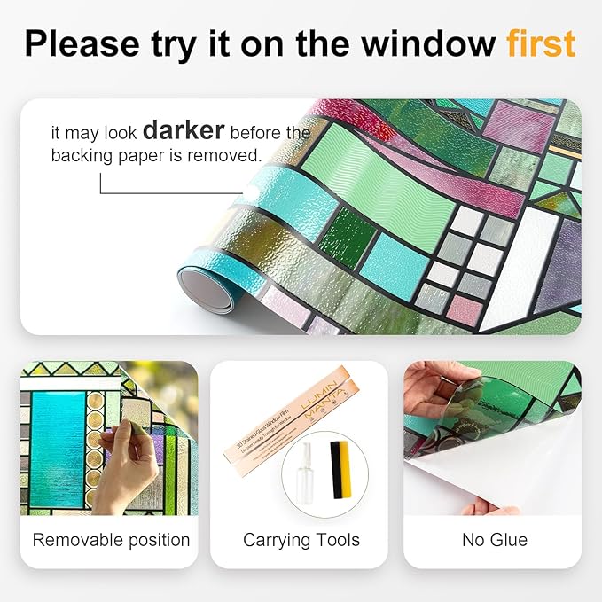 3D Stained Glass Window Privacy Film, Heat Control UV Blocking Static Cling Decorative Window Film for Bathroom,Front Door,Home Non Adhesive 16.9 x 78.7 inches Colorful Abstraction