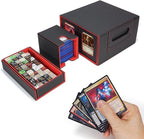 AFIING Commander Deck Box for MTG/EDH, Trading Card Storage Fits 400+ Double-Sleeved Cards, Display Window, 4 Removable Deck Cases, 8 Dividers, Dice Tray & Handle, 4 Toploader Holders (Black Red)